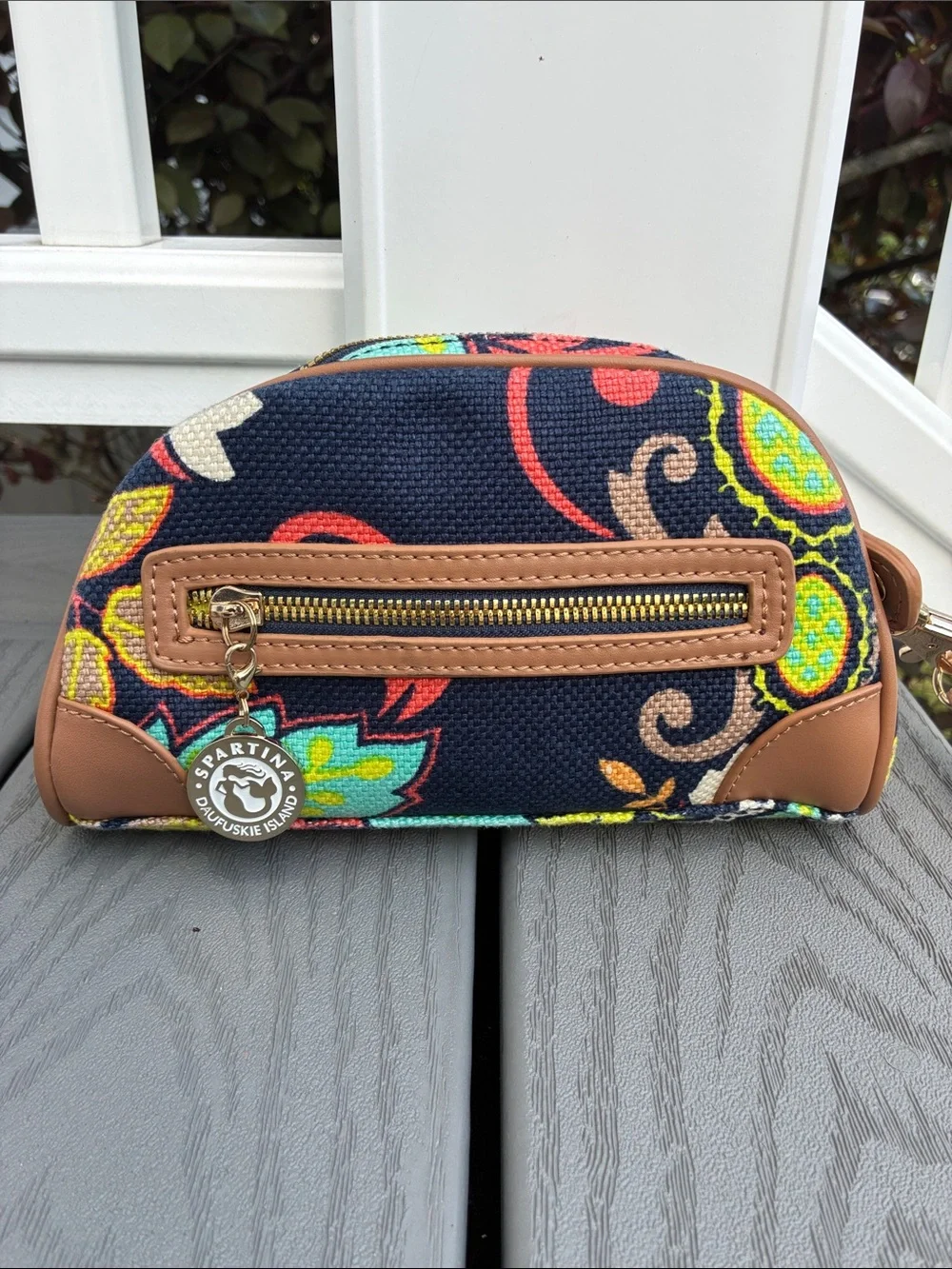 Spartina 449 Linen & Leather Wristlet Cosmetic Bag Floral Multicolor